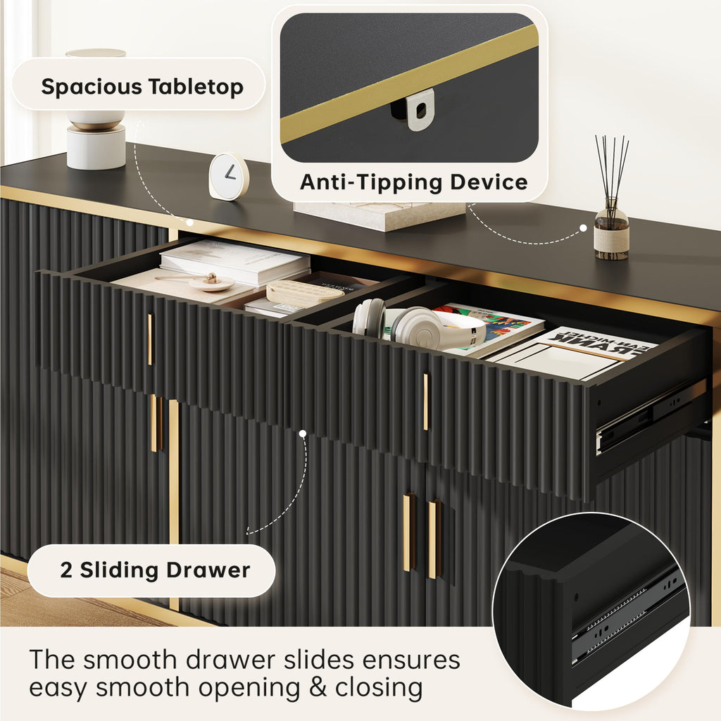 60" Fluted Buffet Cabinet with Storage, Modern Buffets & Sideboard with 2 Drawers, 4 Doors and Adjustable Shelves