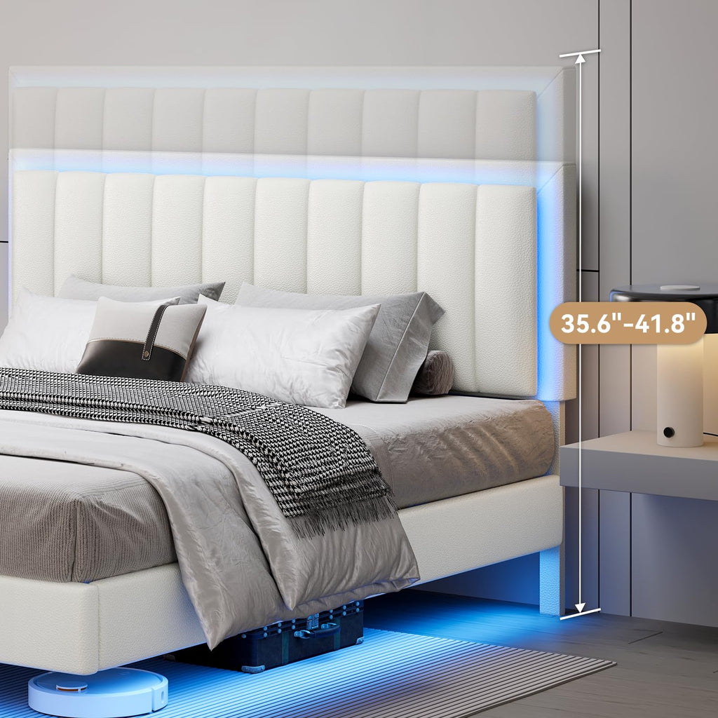 King Size Floating Bed Frame with LED Lights, Upholstered Platform Bed with Headboard, 11 in Storage Clearance, Solid