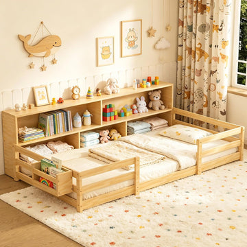 Twin Floor Bed for Kids, Wooden Montessori Bed Frame with Bookcase, Bedside Storage Shelves & Guardrails, Versatile