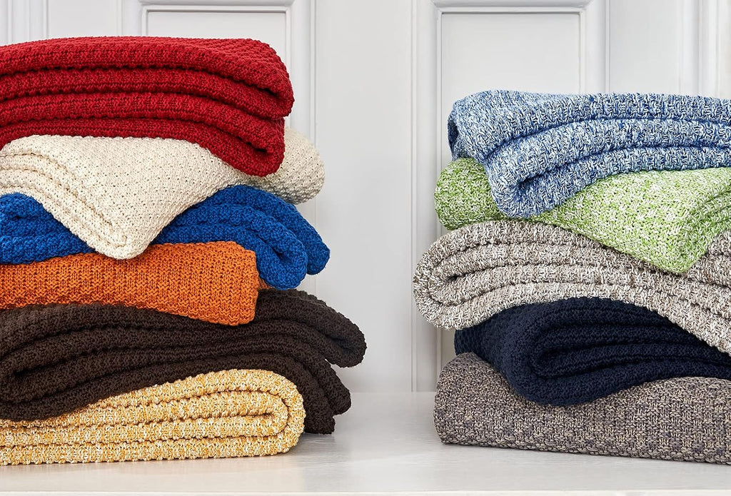 100% Cotton Knitted Throw Blanket - Cream, Soft & Cozy, Machine Washable, 60"x80"