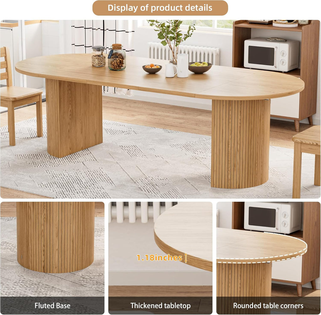 43-95 Inch Oval Extendable Dining Table for 4-10, Fluted Space Saving Long Round Kitchen Table with 3 Leaf, 2