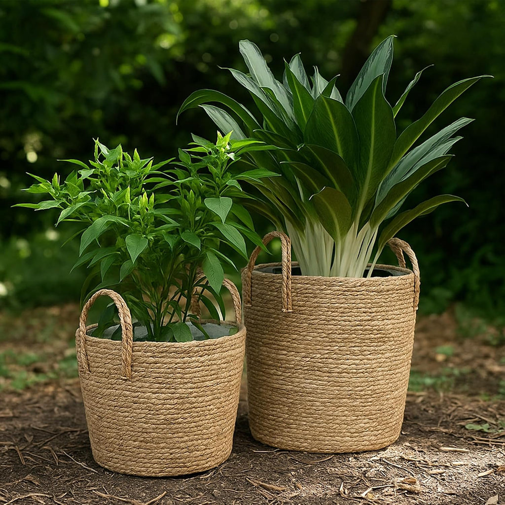 Set of 2 Woven Seagrass Planter Baskets with Handles - Handwoven Plant & Flower Pots for Indoor or Outdoor Use