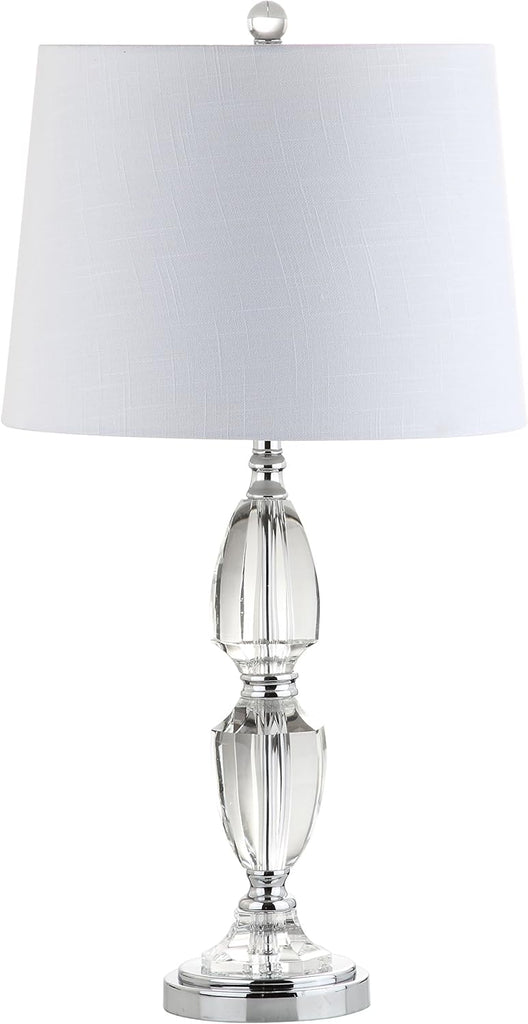 27" Clear Crystal LED Table Lamp, Traditional French Country Chrome Nightstand Lamp with White Linen Drum Shade