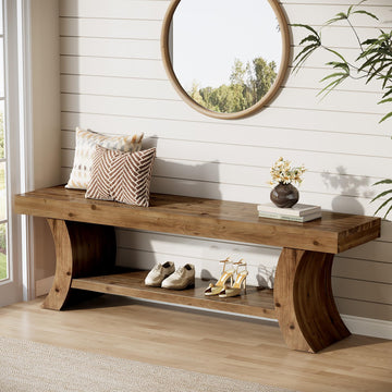 55" Solid Wood Entryway Bench, Rustic Farmhouse Shoe Storage Bench with Thick Curved Legs, Indoor End of Bed Bench