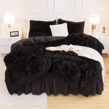 Comforter Set Black, Fluffy Winter Faux Fur Warm Soft Plush Bedding Comforter Set (1 Velvet Comforter & 2