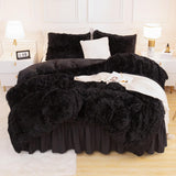 Queen Comforter Set Black, Fluffy Winter Faux Fur Warm Soft Plush Bedding Comforter Set (1 Velvet Comforter & 2