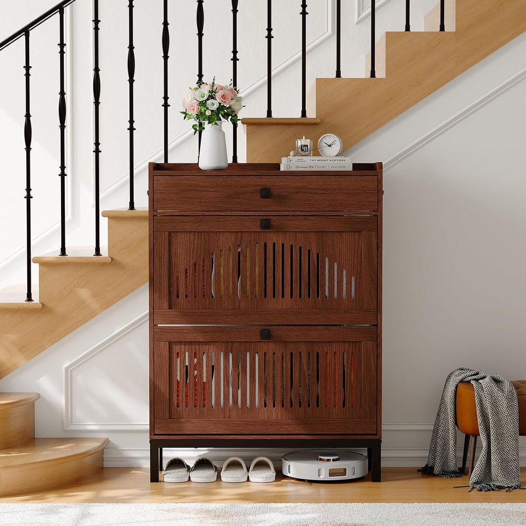 Shoe Cabinet with 2 Flip Drawers and 1 Large Drawer, Wooden Shoe Organizer Cabinet with Adjustable Shelf, Shoe