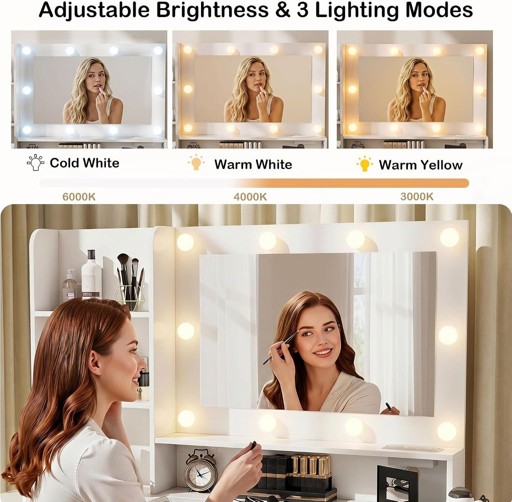 Vanity Desk with Mirror and Lights: 40" White Makeup Vanity with Glass Top, Wood Dressing Table with Drawers and