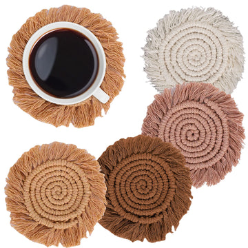 Boho Macrame Coasters Set of 4 Handmade Woven Drink Coaster Bohemian Cup Mat Pad with Tassel Kitchen Office Party