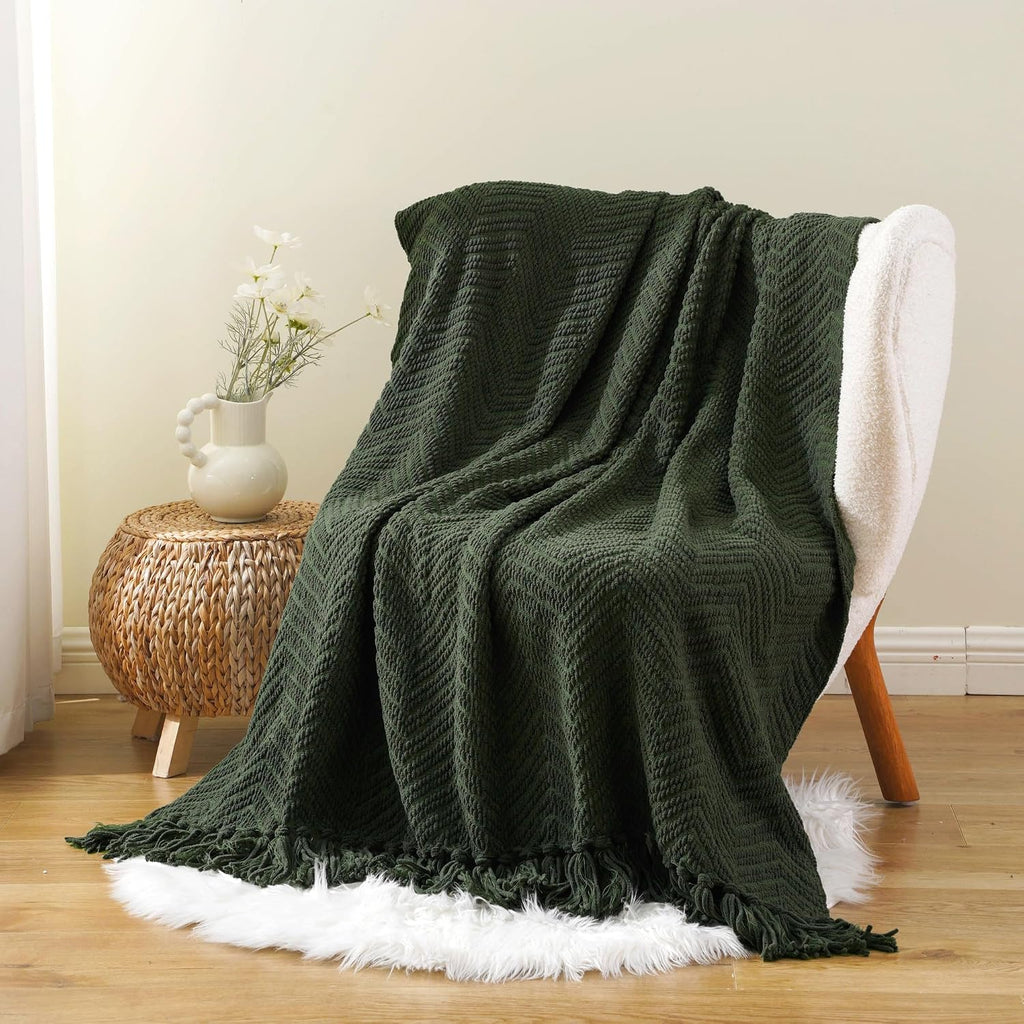 Olive Green Chenille Throw Blanket, Knit Throw Blanket,Super Soft Warm Home Decor Throw Blanket with Tassels,50" x 60"