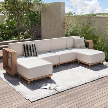 Patio Furniture Set, 6 Piece Outdoor Wicker Sofa, Yellow/Beige | All‐Weather Rattan Modular Sofa with 10''