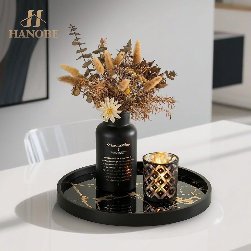 Decorative Tray Decor Round Serving Trays for Coffee Table | 11.8" Modern Black Imitation Marble Tray for Table