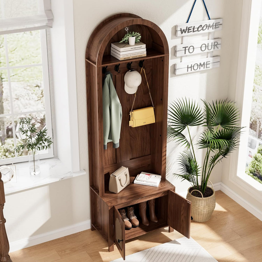 Hall Tree with Bench and Shoe Storage, Entryway Storage Bench with Coat Rack, 70.9"Arch Coat Rack with 4 Hooks and 2