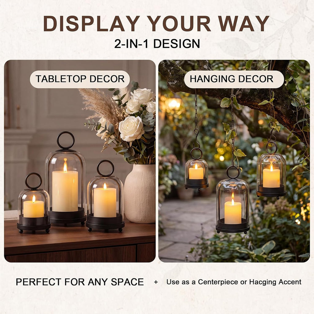 3 Set Hurricane Glass Candle Holder with Hanging Hook,Black