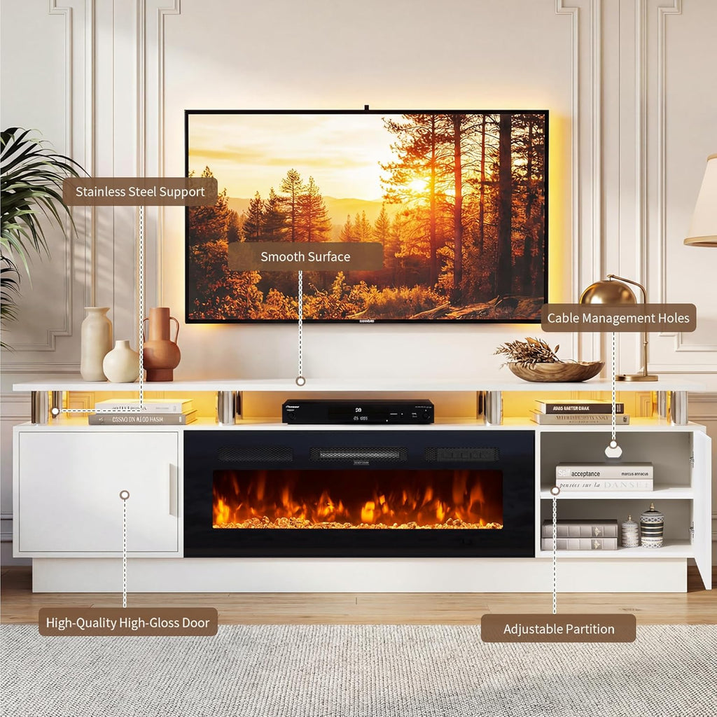70" Fireplace TV Stand for TVs UP to 80", Electric Fireplace Entertainment Center with LED Lights & Storage Cabinets