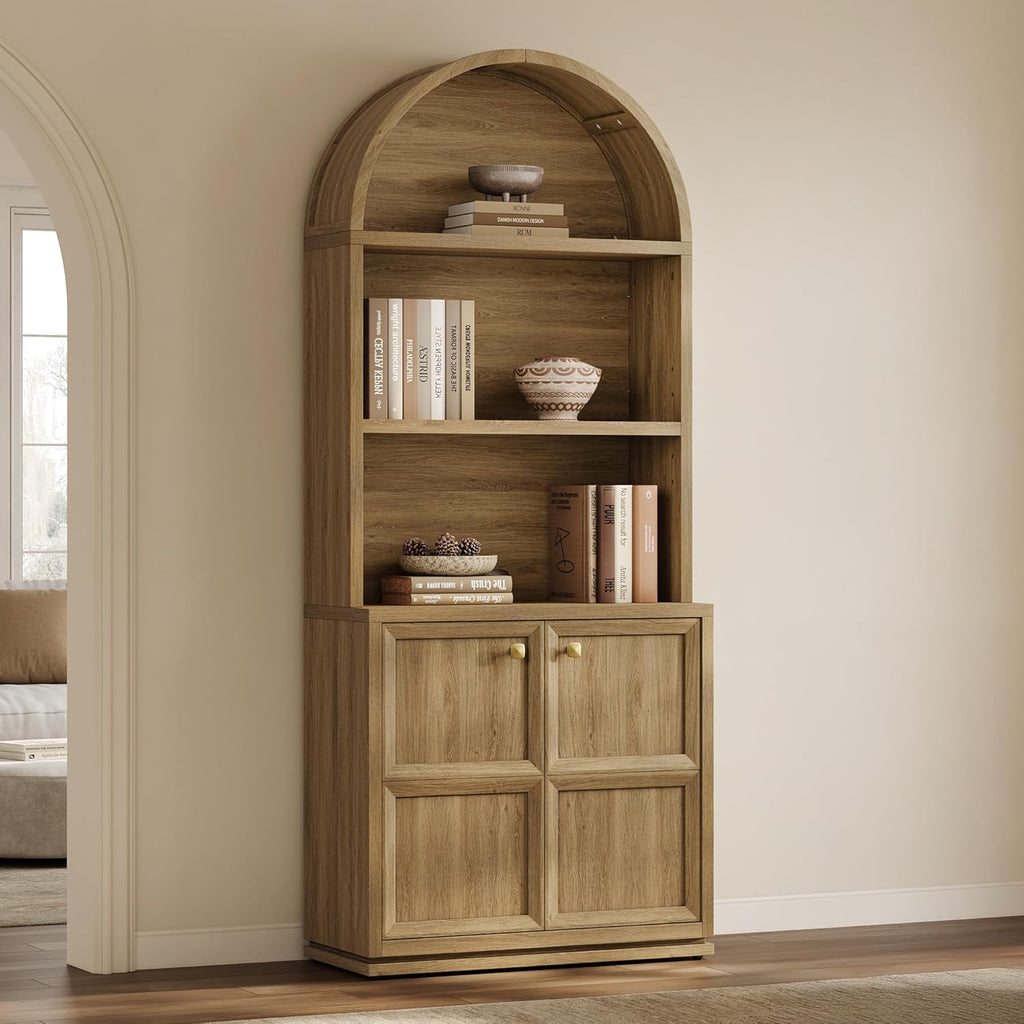 81" Tall Arched Bookcase with Doors, Large Bookshelves with Storage