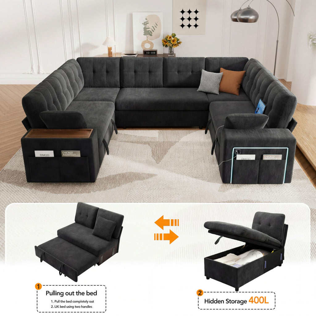 8 Seat Modular Sectional Sleeper Sofa with Pull Out Bed, U-Shaped Couch with Reclining Backrest, Lift Top Storage