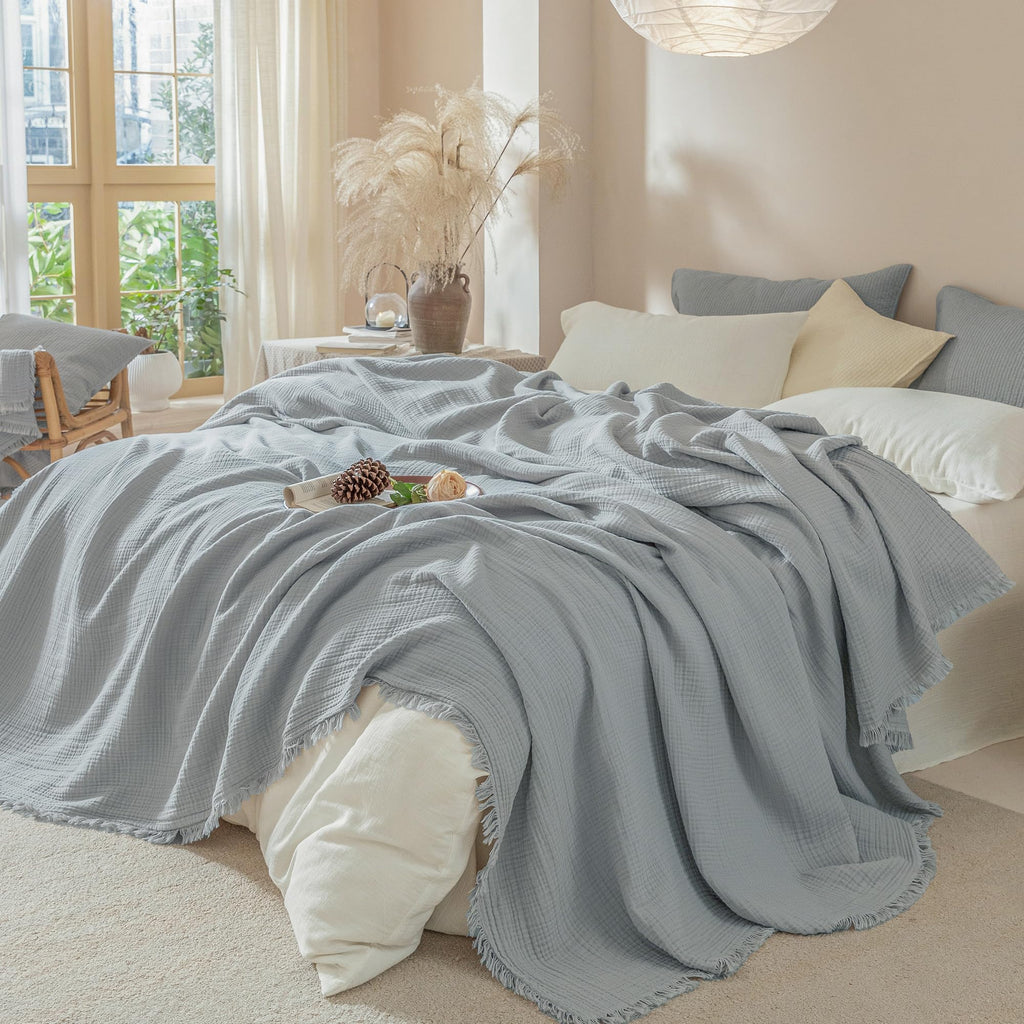 Muslin Fringe Throw Blanket 100% Cotton 4-Layer Airy Gauze