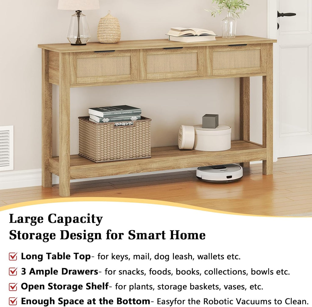 Rattan Console Table 3-Drawer 47" Narrow Wood Entryway Sofa Table | Trendy Boho Hallway Foyer Storage, Open Shelf