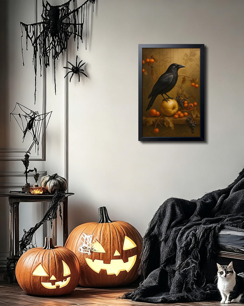 Halloween Crow Wall Art Canvas Framed Poster Painting Print Picture, Dark Academia Raven Bird Gothic Still Life