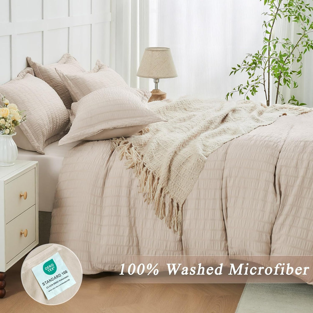 Beige Duvet Cover, Super Soft Seersucker Duvet Cover Set, 3-Piece Lightweight Duvet Cover with Zipper
