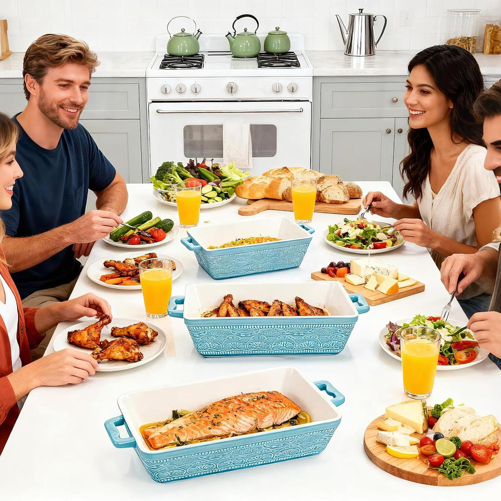 Set of 3 Ceramic Dishes, Rectangular Bakeware with Handles, Elegant Casserole Dish Set Lasagna Pan for , Cooking