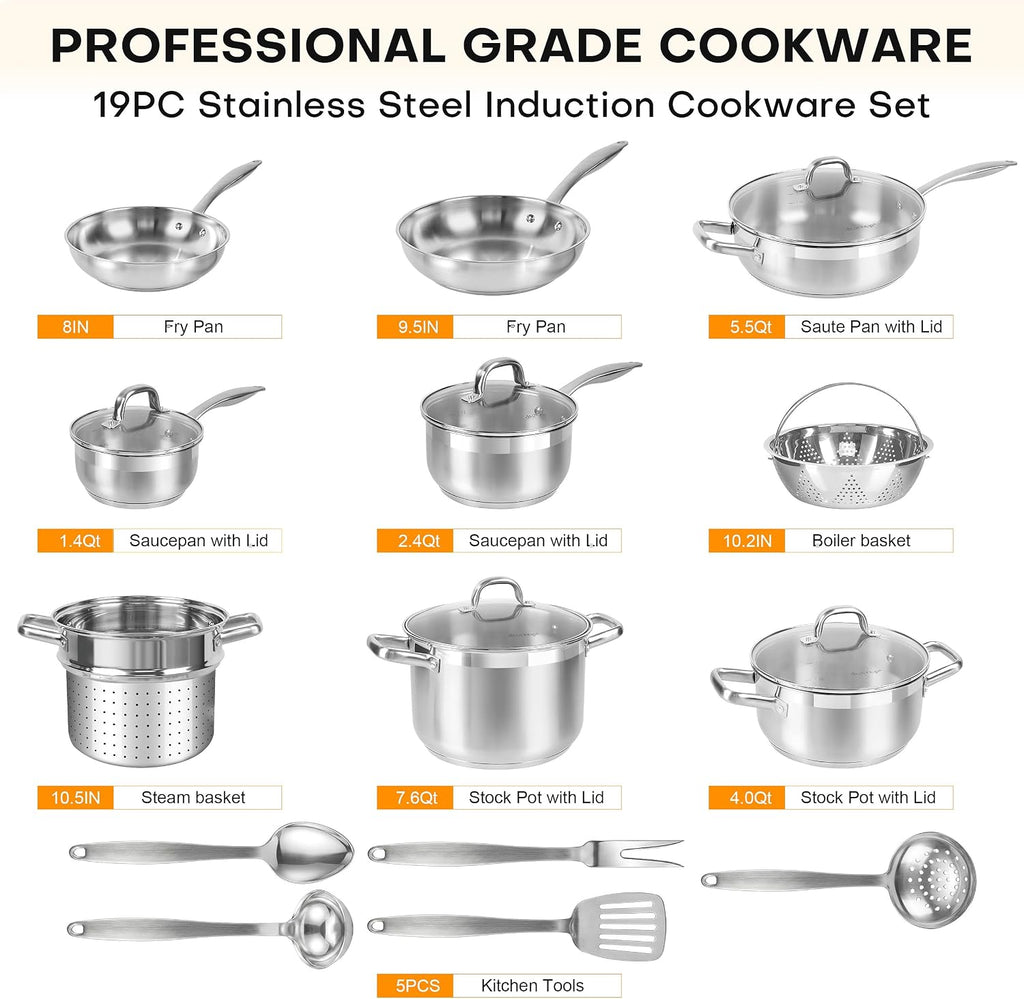 Stainless Steel Pots and Pans Set, 19PC Induction Cookware Set | Family Kitchens, Impact Bonded Base, Even Heat for