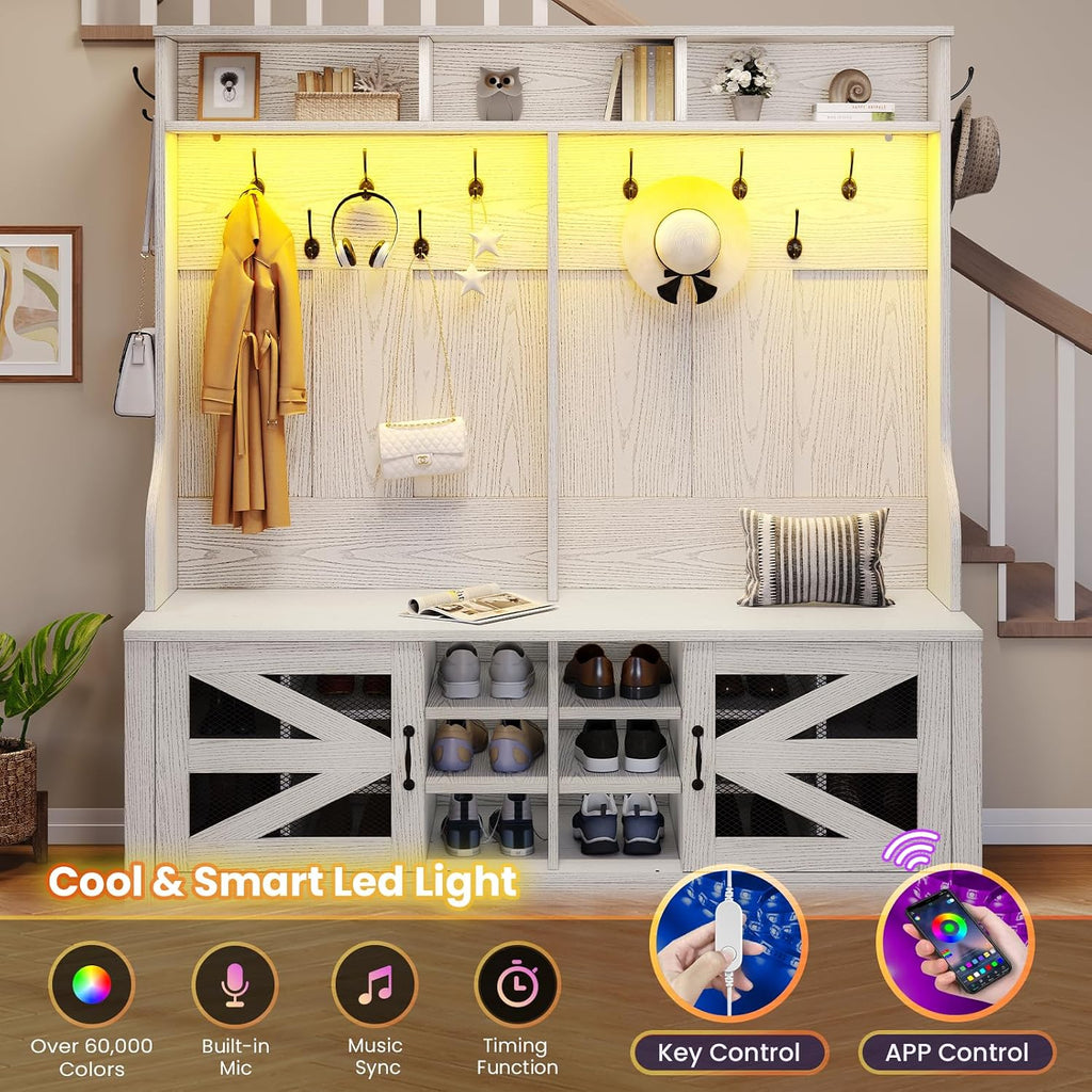 Hall Tree with Bench and Shoe Storage, 5-in-1 Entryway Bench with Coat Rack, 16 Shoe Cubbies & 12 Coat Hooks, Barn