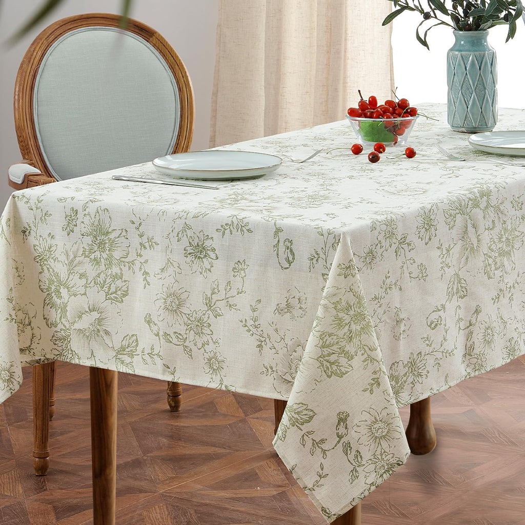 Green Floral Linen Blend Rectangle Table Cloth 52 x 70 Inch