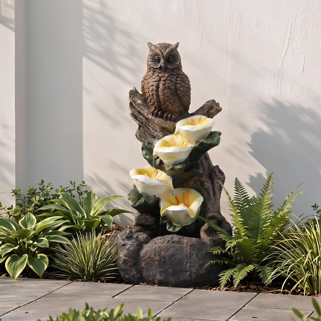 28.3" Tall Outdoor Water Fountain, 5 Tier Cascading Bowls and Stacked Water Fountain with LED Lights Décor, and Deck