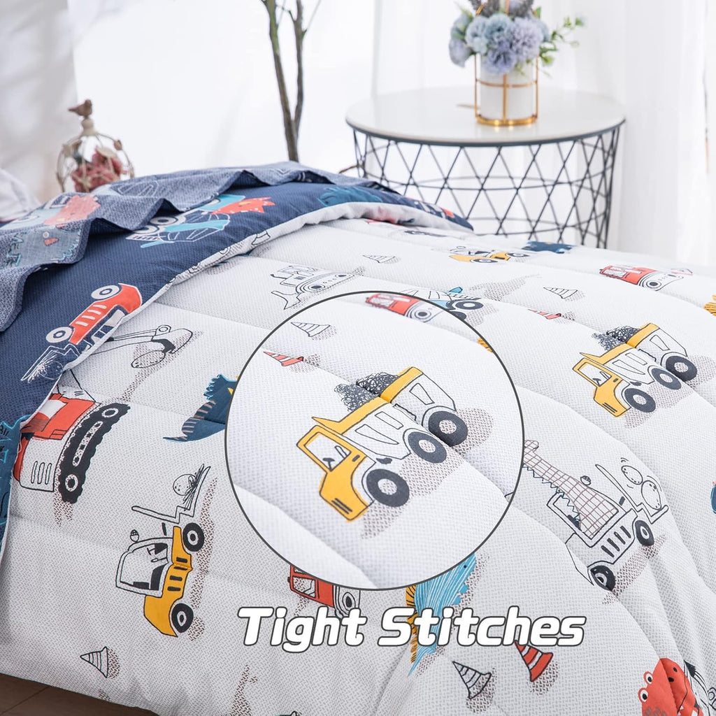 Cotton Twin Bedding Set, Dinosaur Cars Reversible Twin Comforter Set for Kids Boys Girls, 4 Pieces Bed in a Bag
