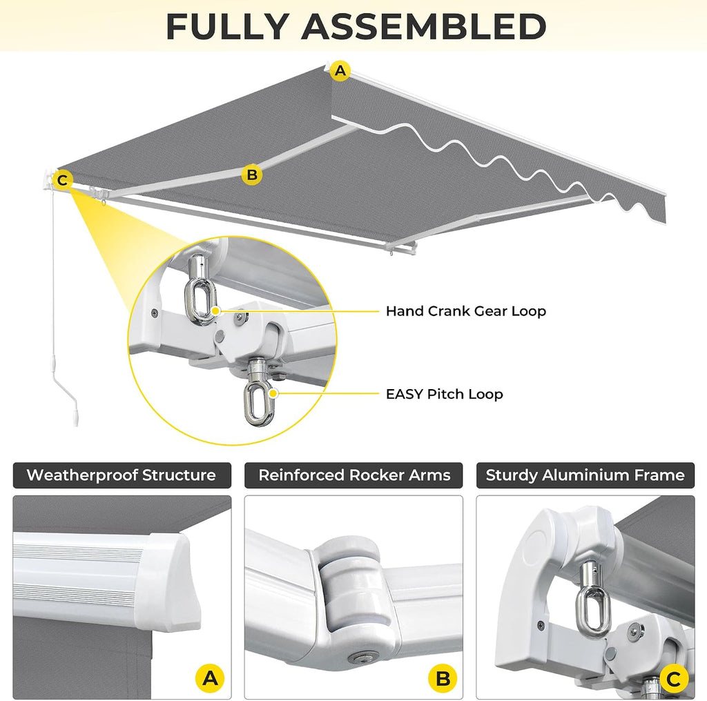 9.8'x8.2' Patio Awning Retractable Fully Assembled, Grey | Manual Sunshade Shelter Outdoor Deck Canopy Balcony Awning