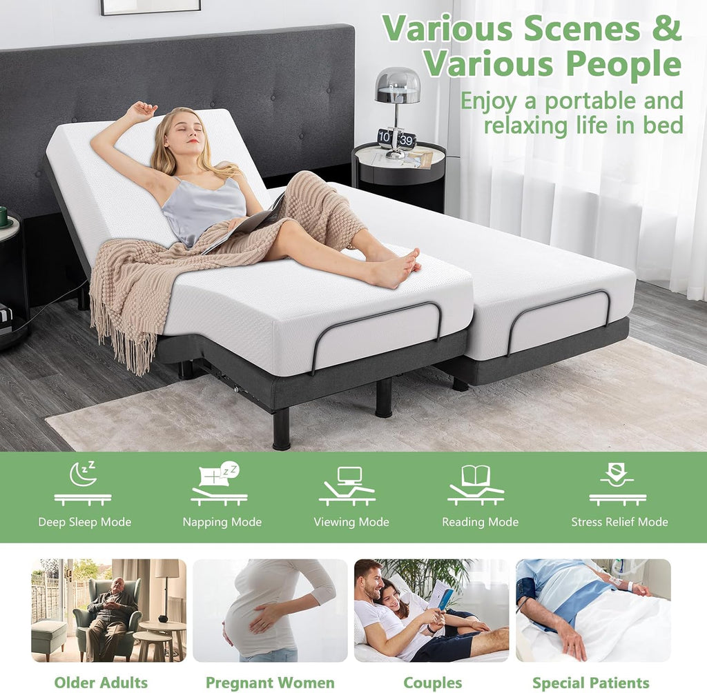 Split King Adjustable Bed Frame with Wireless Remote + 12 Inch Grey Gel Medium Firm Memory Foam Mattress in a Box - Set of 4