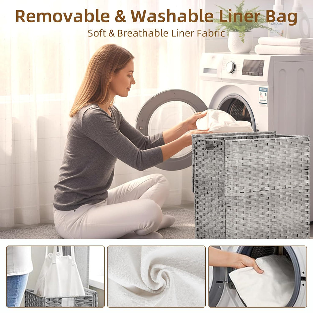 Woven Laundry Hamper with Lid, Large Rattan Clothes Hamper with Removable Machine-Washable Liner, Foldable Laundry