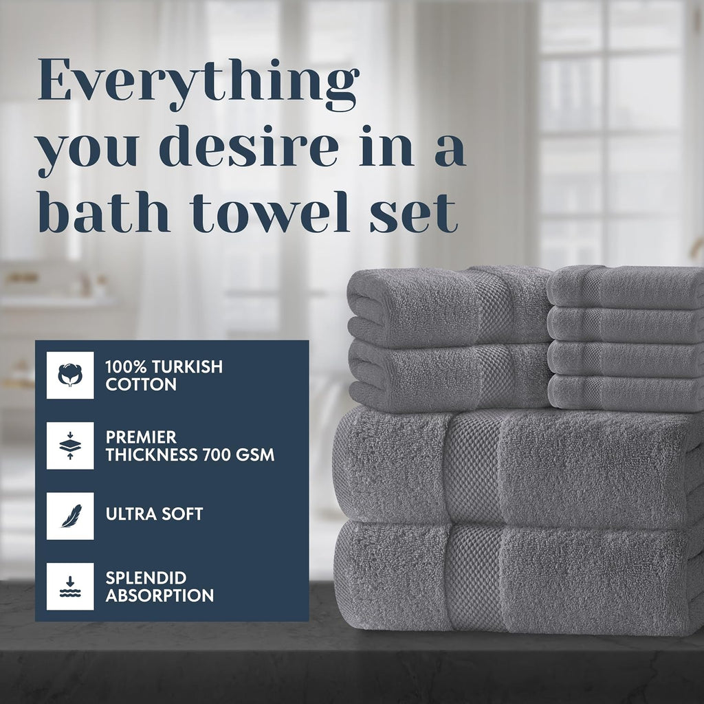 Luxury Bath Towel Set of 8 Pieces - 100% Turkish Cotton Highly Absorbent Towels , 2 Luxury Bath Towels 700GSM, 2 Hand