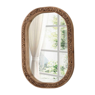 Rustic Oval Rattan Mirrors for Wall 16 X 24 Inch, Wood Frame