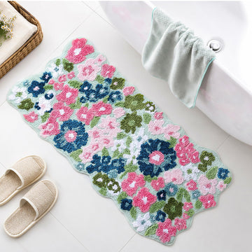 Wildflower Floral Runner Bathroom Rug - Cute Tufted Non Slip Soft Flower Shaped Bath Mat, Washable Farmhouse &
