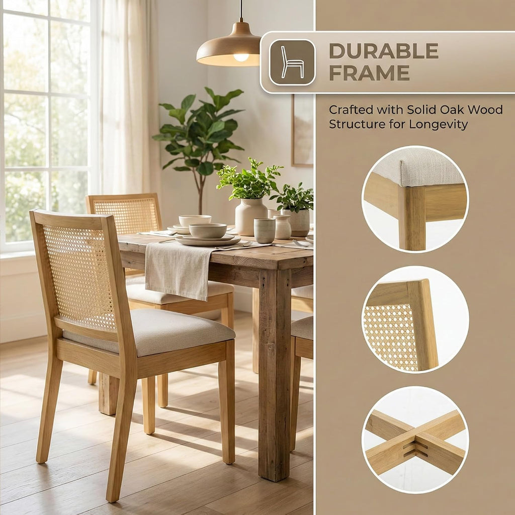 Farmhouse Rattan Dining Chairs Set of 4, Natural Solid Hardwood Frame, Upholstered Linen Seat, Ergonomic Cane Back