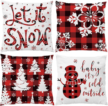 Red and Black Buffalo Plaid Merry Christmas Throw Pillow Covers 18x18 Outdoor Decorative Cases Winter - Set of 4
