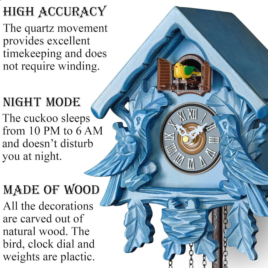 Cuckoo Clock with Night Mode, Singing Bird, Wooden Decorations and Swinging Pendulum
