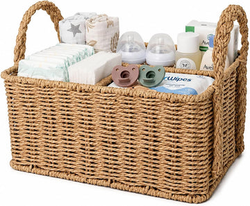 Diaper Caddy Organizer, Paper Rope Storage Baskets Nursery Bin with Removable Divider, Portable Car Organizer