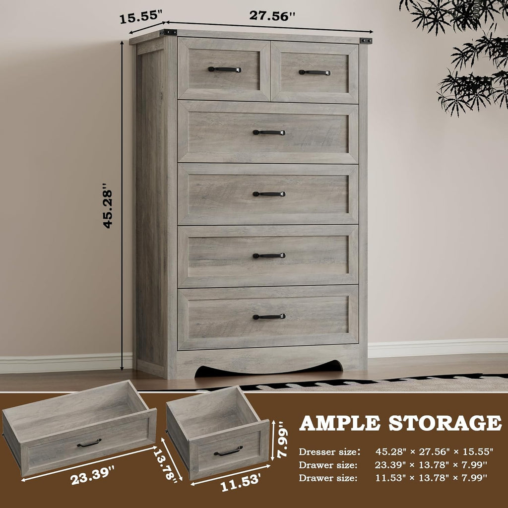 Tall 6-Drawer Dresser , Modern Wooden Chest of Drawers with Metal Handles, Anti-Tipping Design, Sturdy and Stable