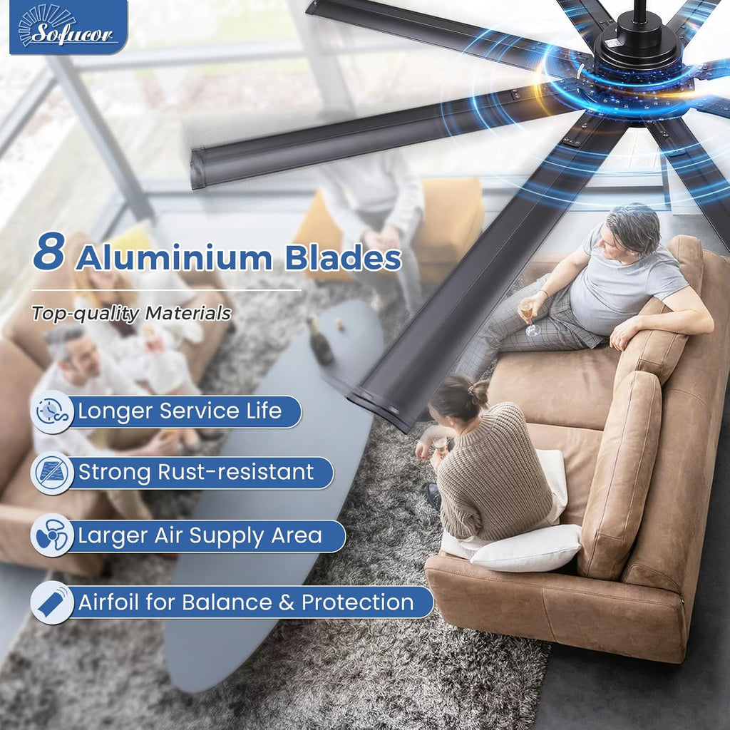 84 Inch Smart Ceiling Fan with Light, 8 Aluminum Blades Outdoor Black Ceiling Fan, Work with App/Alexa/Google