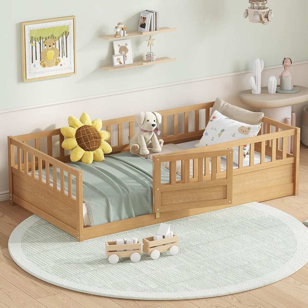 Twin Size Floor Bed with Fence and Door, Montessori Floor Bed with Slats, Twin Size Montessori Beds for Kids, Girls