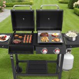2-Burner Propane and Charcoal Grill Combo with Cast Iron Grates and Stainless Steel Flat Top Griddle for Outdoor BBQ