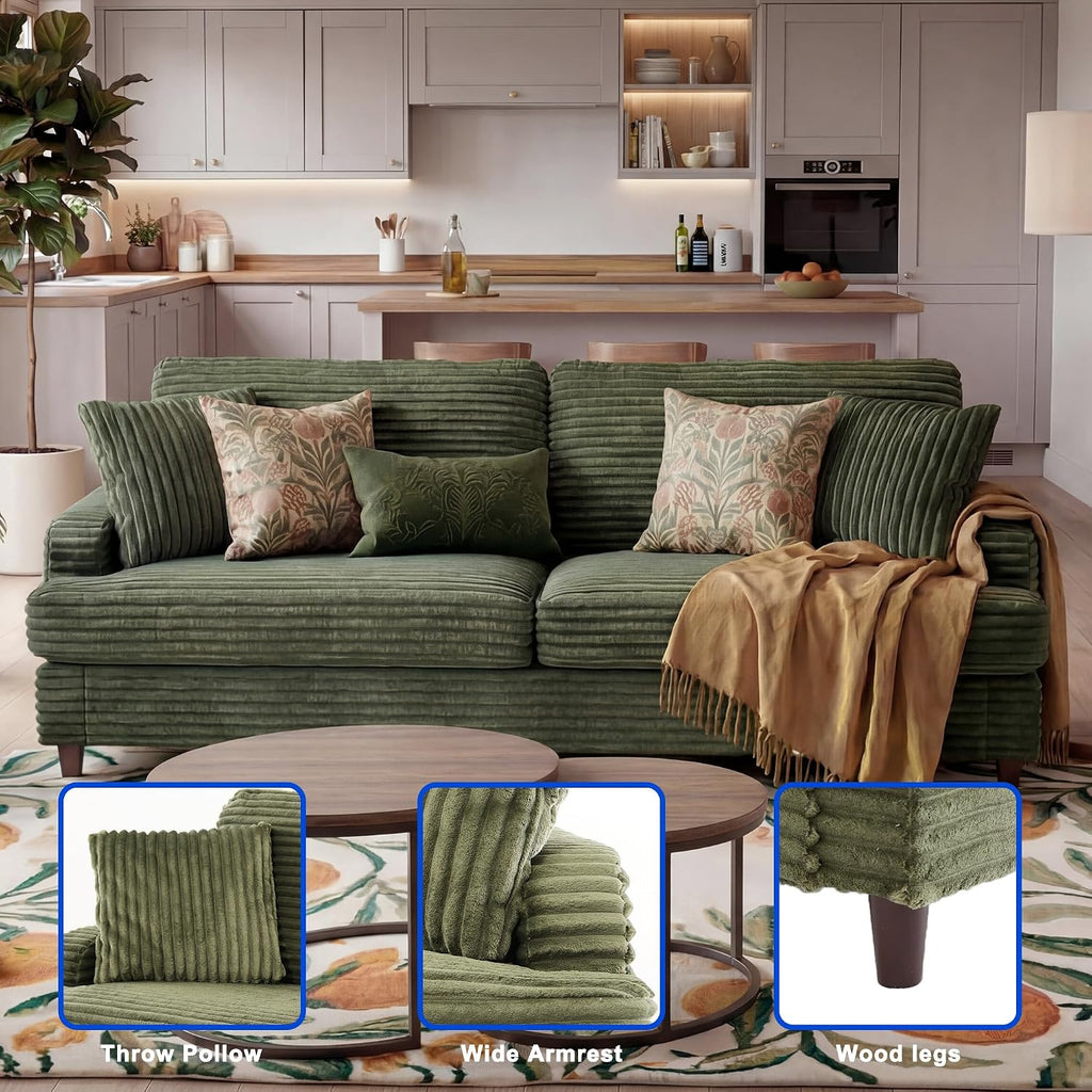 80 Inch Olive Green Sofa Couch, Plush Corduroy Deep Seat Sofas