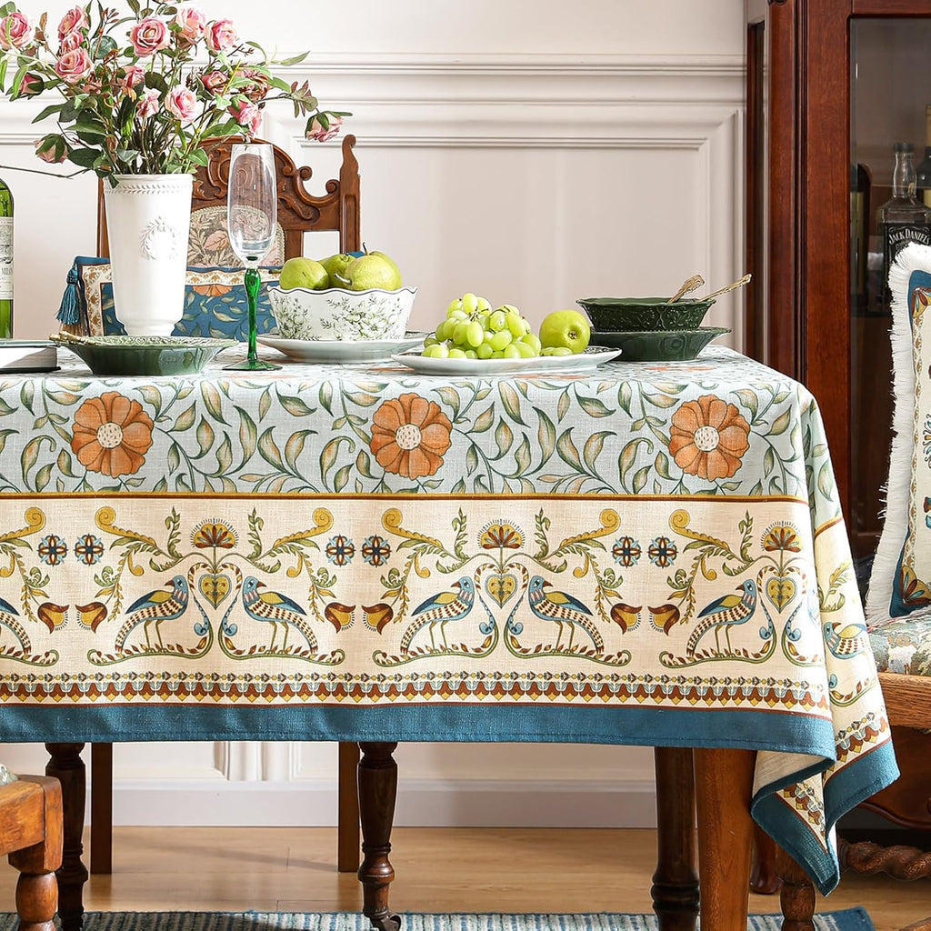 Designer French Linen Blue Tablecloth for Rectangle Table,Vintage Floral Table Cloth,Colorful Decoration Fall Cover