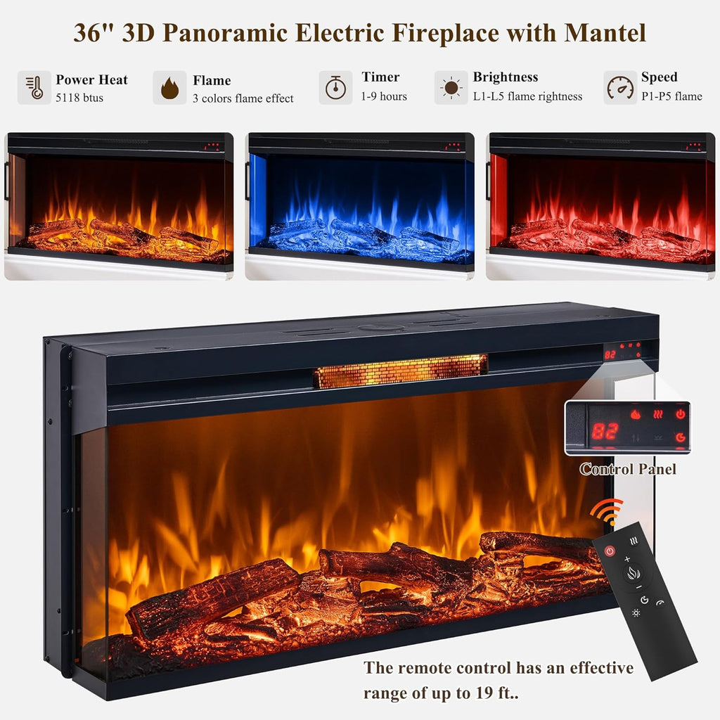 Farmhouse Electric Fireplace TV Stand for TVs up to 80 Inches, Entertainment Center with 36 Inch 3-Sided Glass Fireplace and LED Lights, 70 Inch TV Console, Antique White