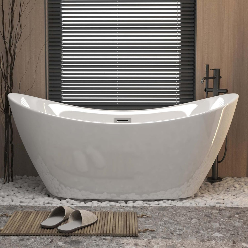 67" Oval Freestanding Soaking Bathtub with Toe-Tap Chrome Drain & Adjustable Leveling Feet, Stand Alone Tub, Acrylic