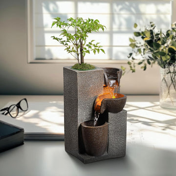 Resin Tabletop Waterfall Fountain with LED Light & Plant Pot, Indoor Desk Water Fountains Decor (22028N)